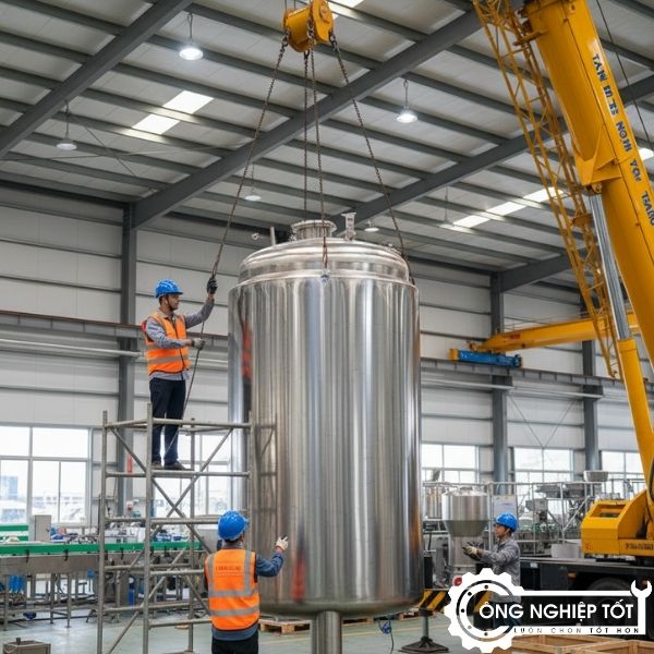 Kỹ sư Công Nghiệp Tốt đang lắp bồn inox 1500L cho nhà máy